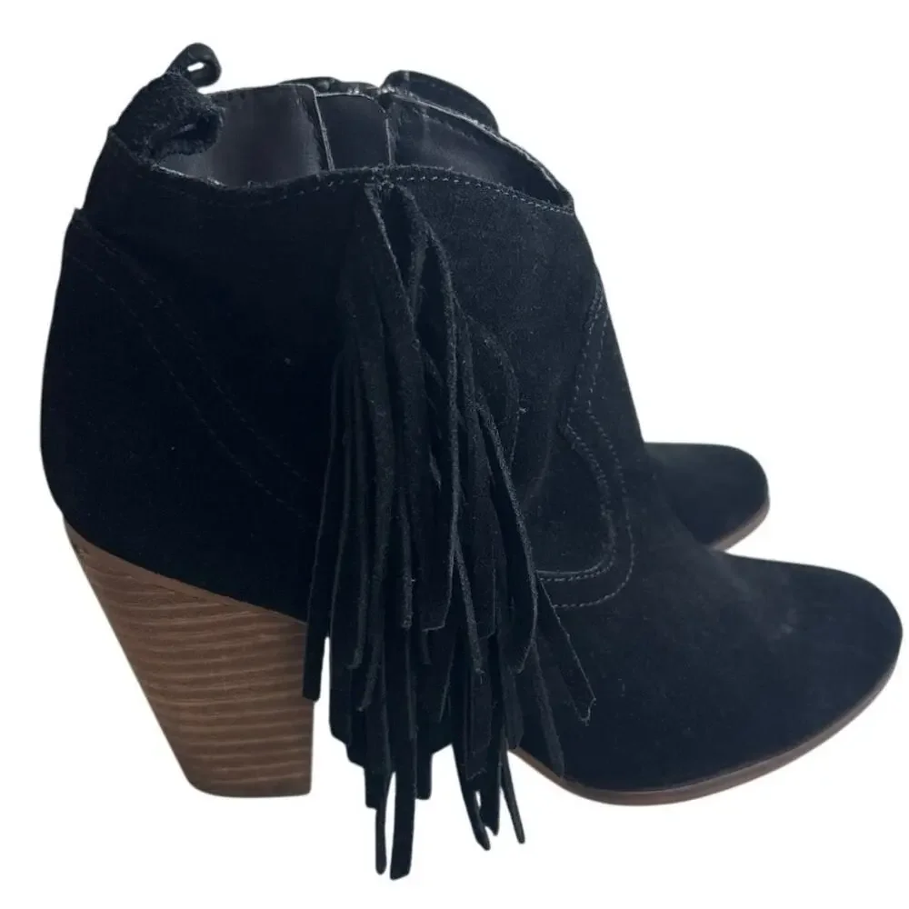 Steve Madden Cian Black Suede Fringe Ankle Boots 8M Western Boho Stacked Heel